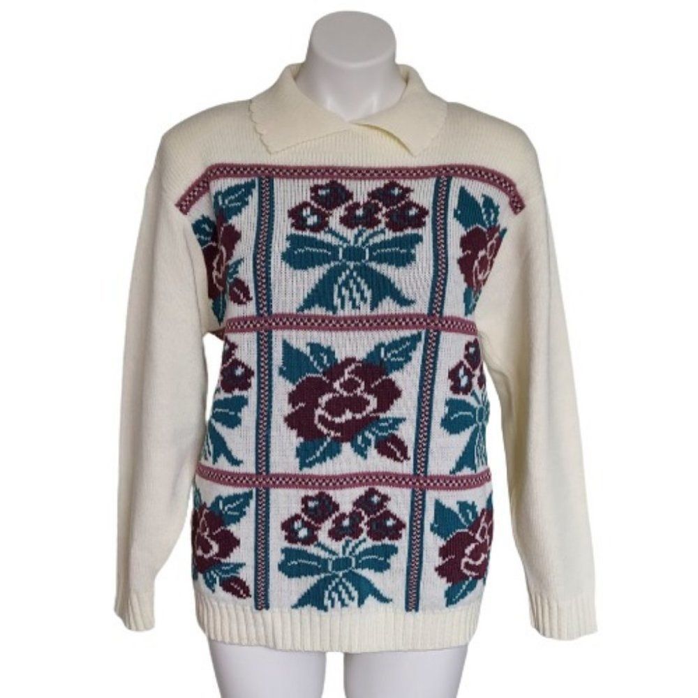 Vintage 1980s Cape Cod Sportswear Block Flowers Knit Sweater